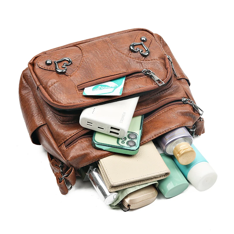 

Large Capacity Multi Pocket Leather Women's Shoulder Bag Luxury Designer Brand Messenger Bag Vintage Ladies Leisure Travel Totes