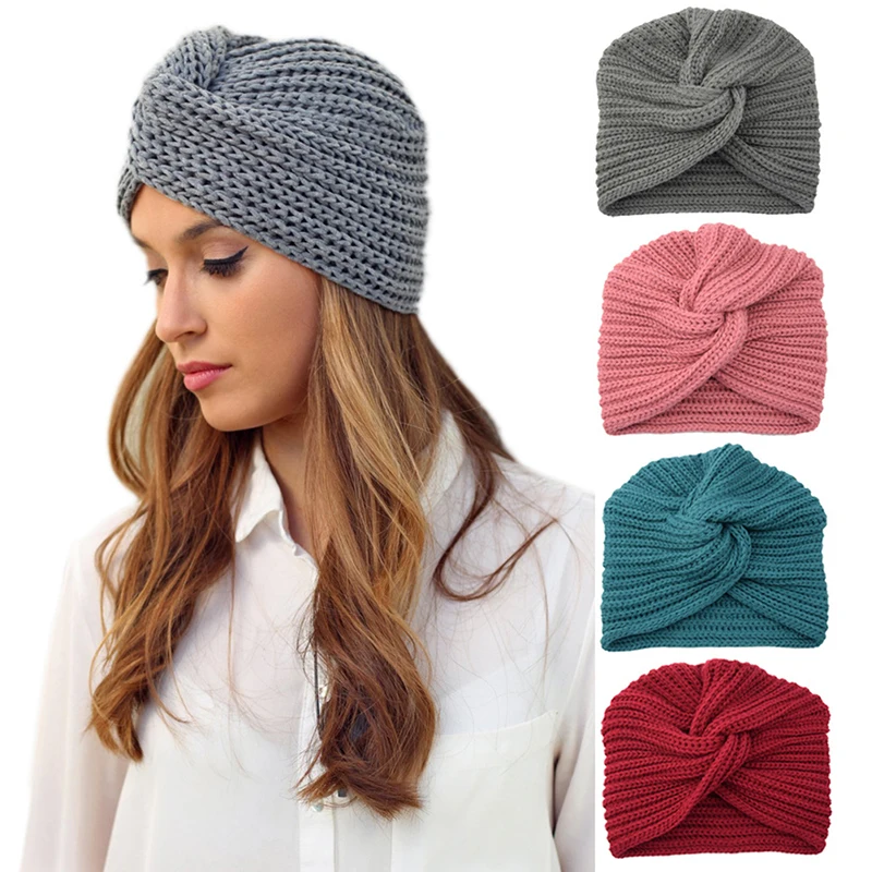 

Women's Knitted Turban Hat Bohemia Cashmere Cross Wrap Head Lndian Wool Bonnet Turbante Cap