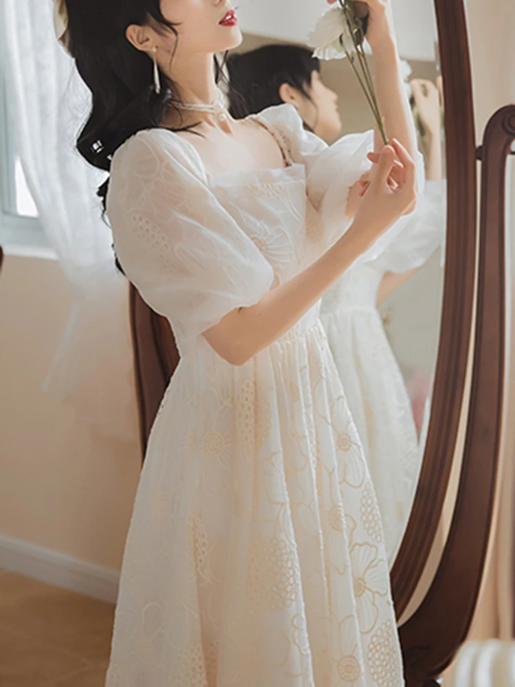 Lychee soda French skirt bubble sleeve square neck dress for women 2021 limited price pure white lace Printed Dress |