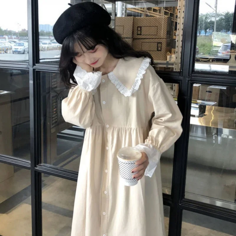

Spring Doll Collar Stitching Long-sleeved Dress for Female Students Korean Style Loose Versatile College Style Long A-line Dress