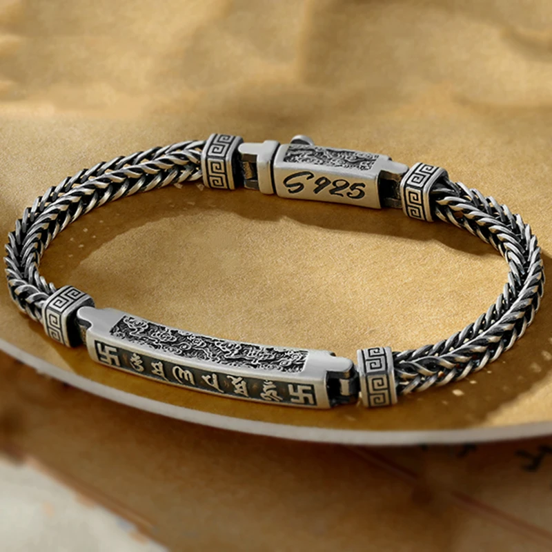 

The New Back Pattern Six-character Mantra Men's Bracelet Silver Retro Couple Handmade Wild Personality Punk Jewelry Accessory