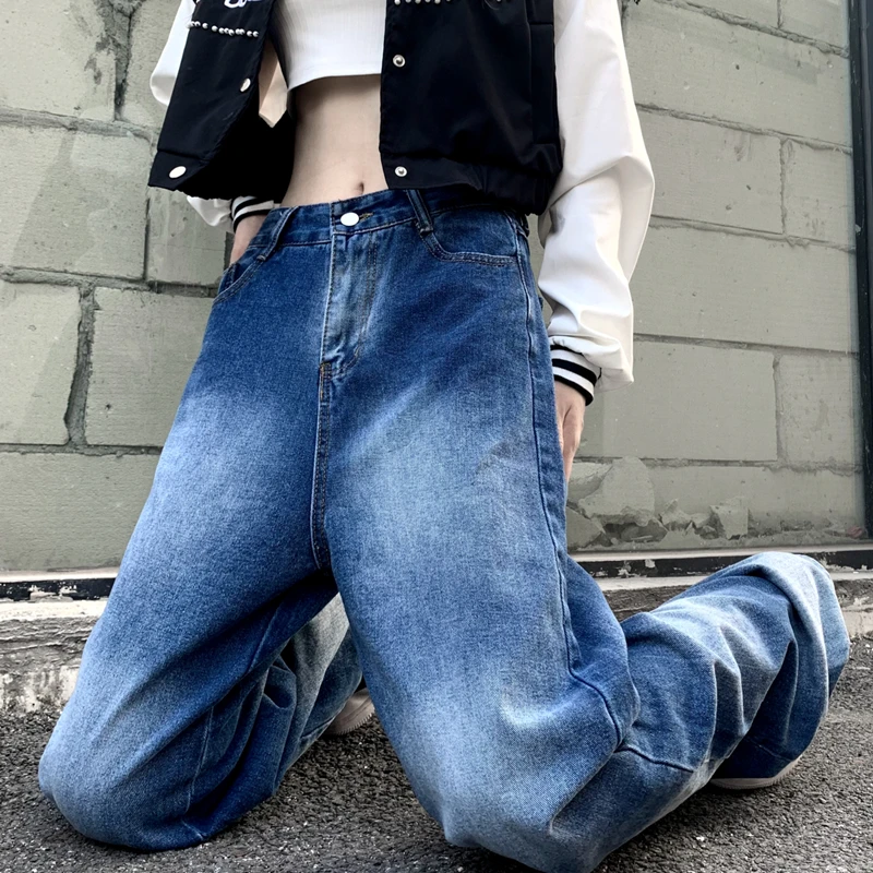 Gradient Tie Dye Wide Leg Jeans for Teenage Girls Fashion Trends Streetwear Bottoms Womens Distressed Denim Pants Casual Clothes