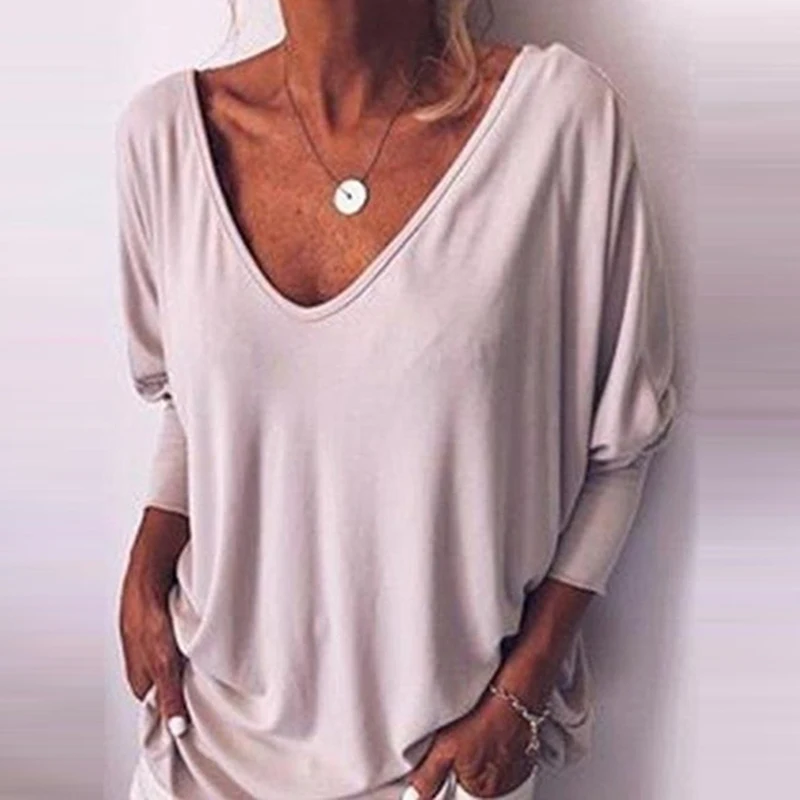 

Seven-point Sleeves Tshirt Loose Casual Back Button T-shirt Loose Tops Women's Bat Sleeve V-neck Hot Fashion Summer Female Shirt