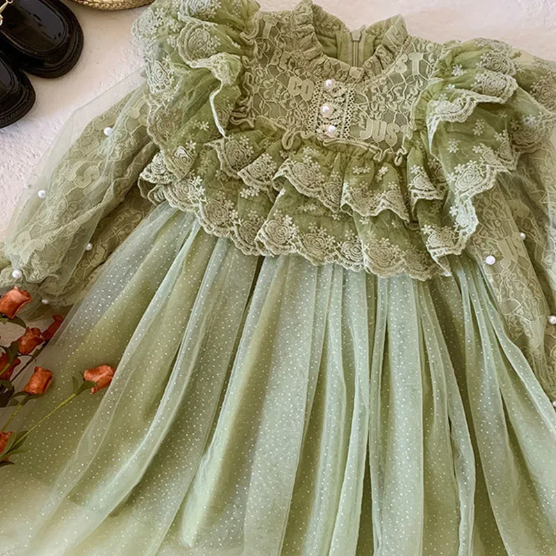 

Autumn Girls Dresses Lace Pearls Sleeve Children Dress Kids Clothes Ball Gown 0-5Y