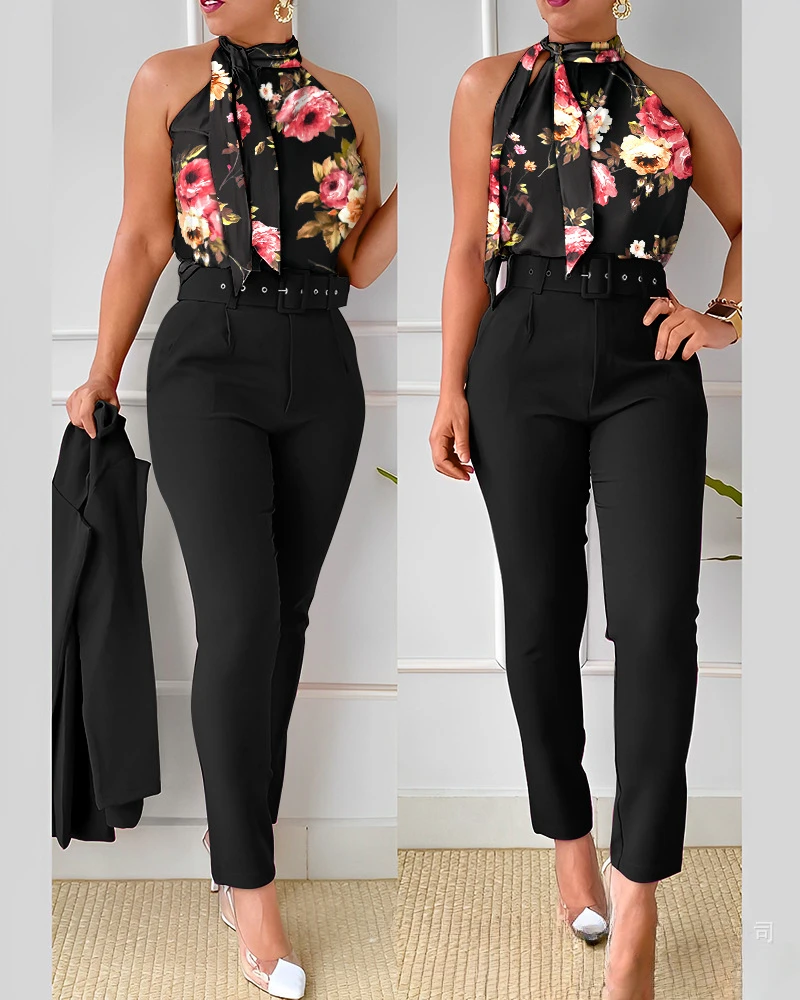 

Elegant Two Piece Sets Women Outfits Fashion 2023 New Printed Strap Sleeveless Tank Top Fashion Casual Tight Pants Set American