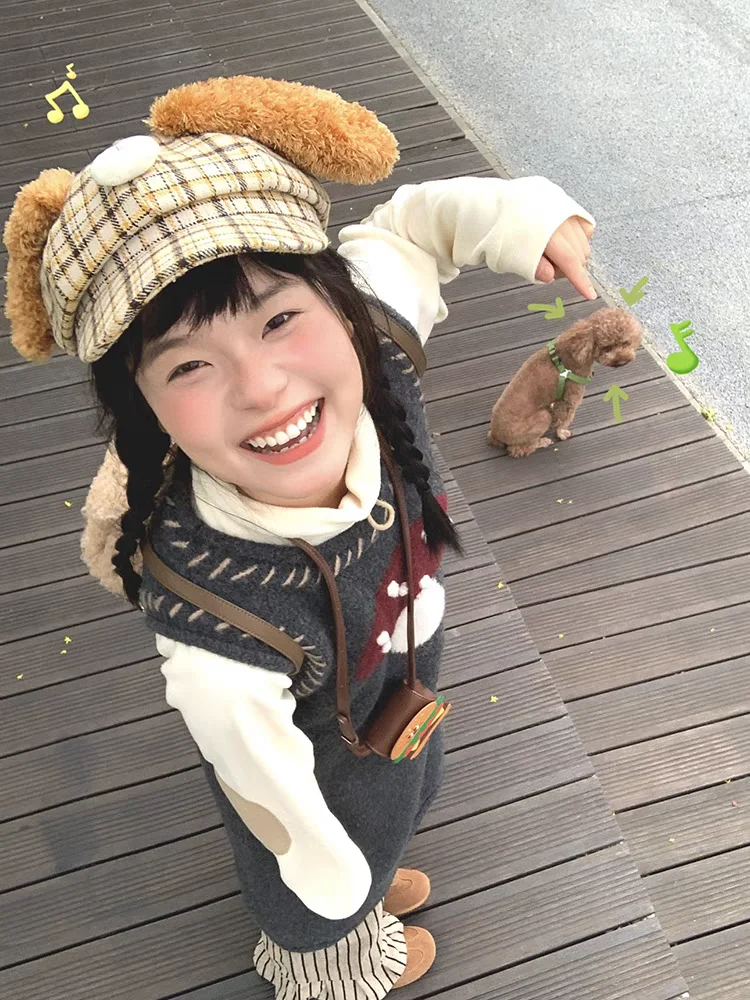 Butter Puppy Dog Plush Ears Plaid Hat Women Autumn and Winter Cute Warm Face Slimming Octagonal Beret
