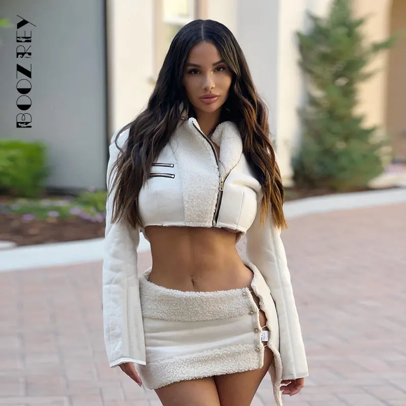 

BoozRey Fashion Outfits Autumn Winter Co-Ord Sets Fleece Cropped Jacket and Skirt 2 Piece Set Women Zip Up Matching Sets