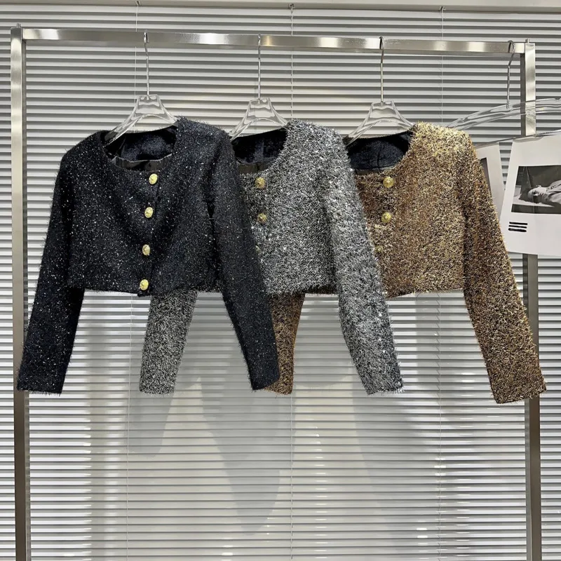 

PREPOMP 2023 Autumn New Arrival Long Sleeve Vintage Metal Buttons Bright Silk Material Short Jacket Women GL457