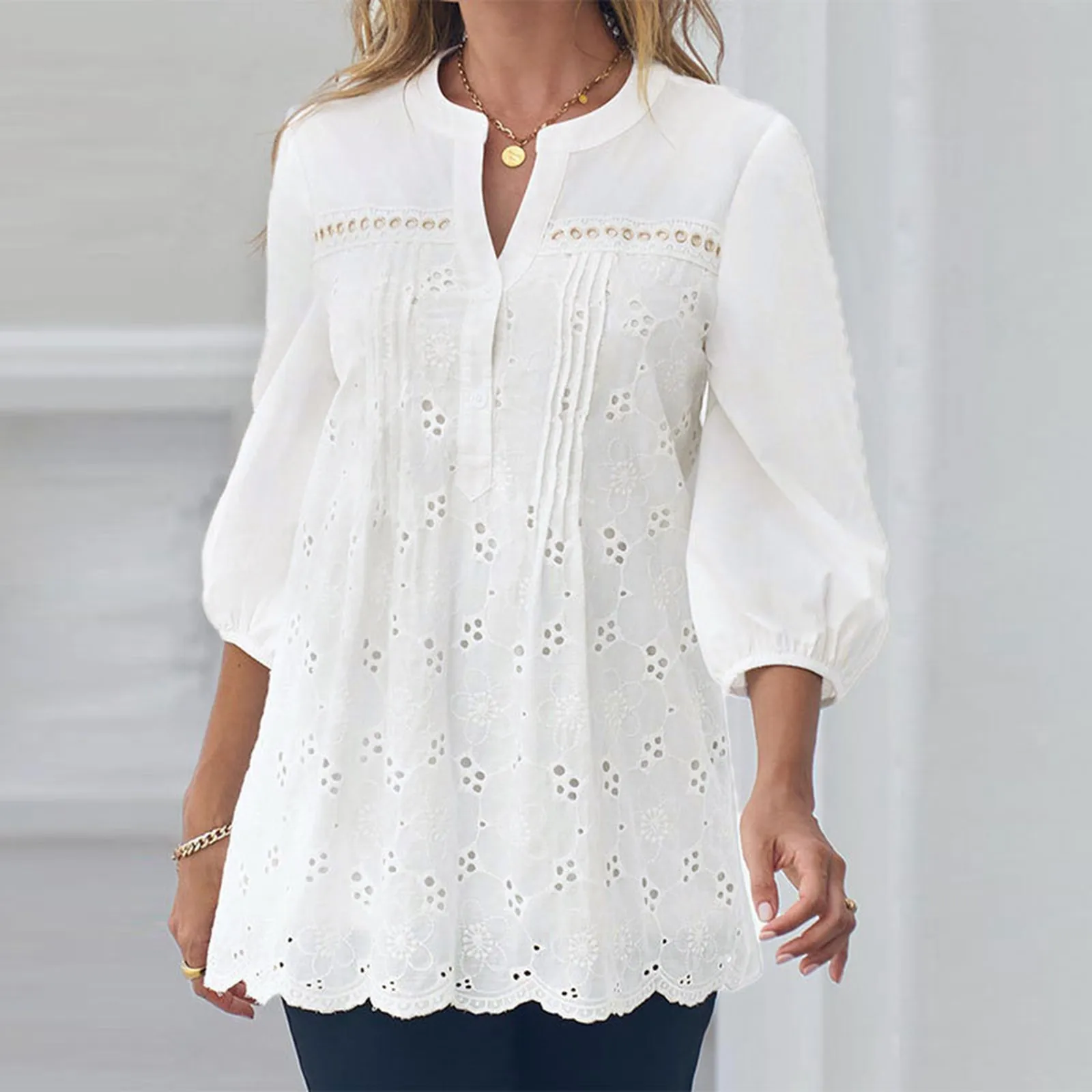 

Chic Hollow-out V Neck Lace Blouse Floral Patterns Embroidery Lady Office White Shirts Casual Women Shirt Puff Sleeve Cotton Top