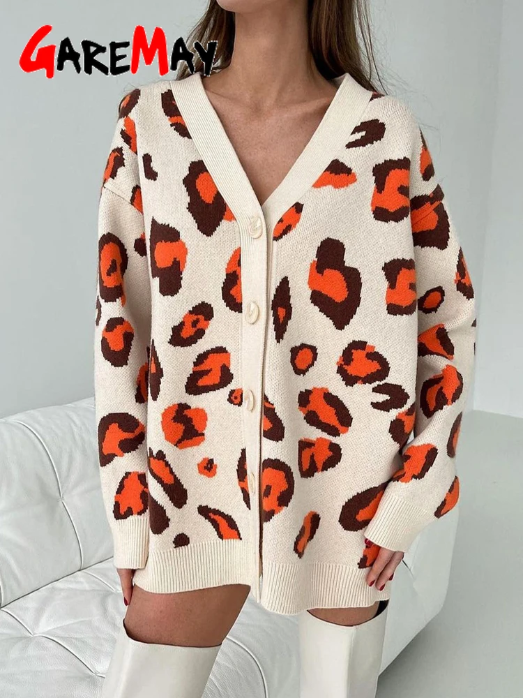 Зимний бежевый кардиган с леопардовым принтом Женская куртка пуговицами