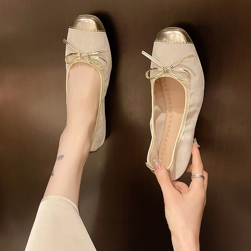 Женские туфли с бантом 2025 г. женская обувь балетки на плоской подошве квадратным
