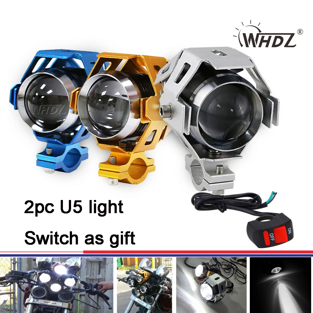 

(2pcs) Black Silver Blue Golden 10w U5 3000lm LED transformer Motorcycle Headlight fog Light +1pc switch U5 spot light set