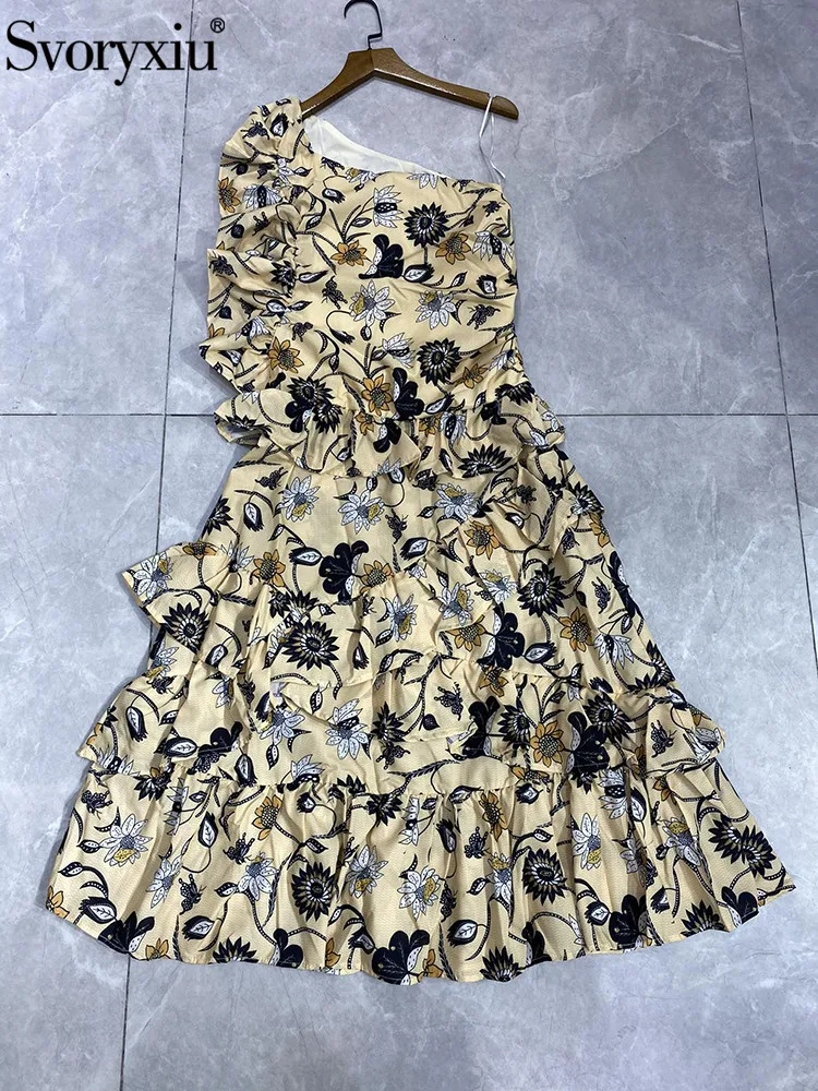 

Svoryxiu New Summer Fashion Vintage Print One-Shoulder Midi Dress Women's Diagonal Collar Ruffle High Waist Holiday Party Dress