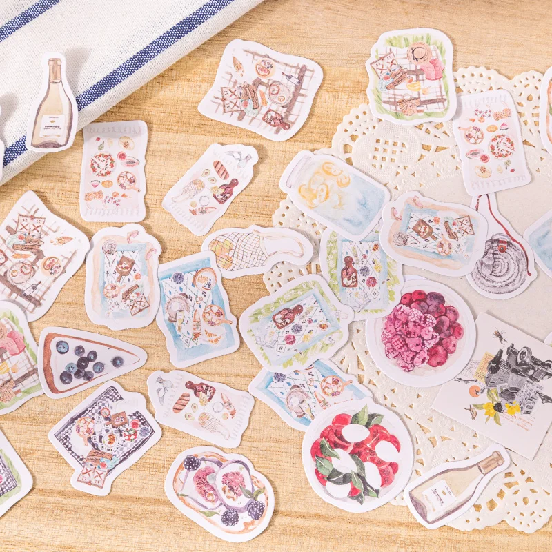 

46Pieces Stickers Picnic Breeze Retro Food handbook diary material decorative seal Scrapbooking seal sticker paper 4CM