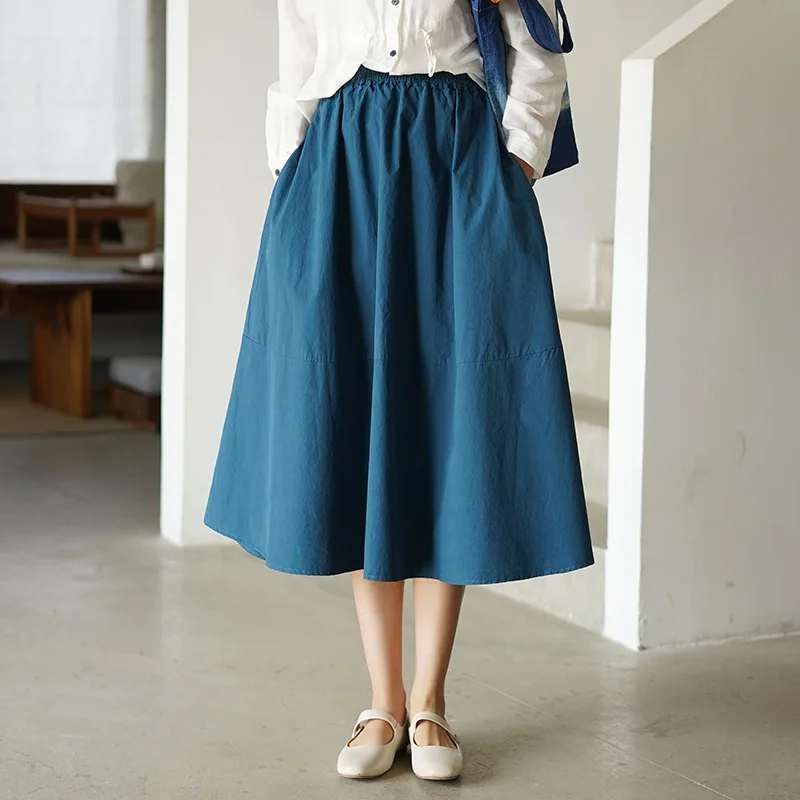 Повседневная однотонная трапециевидная хлопковая юбка до середины икры для