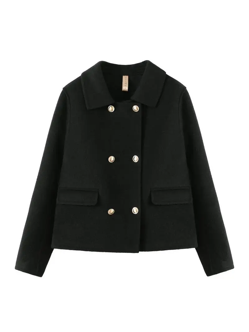 Черное двустороннее кашемировое пальто женское короткое маленькое осень-зима 2023