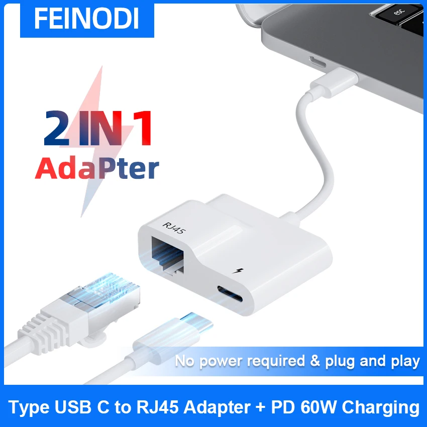 Адаптер USB C к Ethernet RJ45 с зарядным устройством PD 60 Вт, Gigabit LAN Сетевой хаб для MacBook Pro/Air iPad Pro/Air Samsung и т. д.