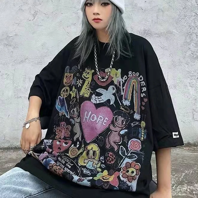 Grunge Short Sleeve T Shirt for Women Girl Harajuku Tshirt Korean Clothes Streetwear Hip Hop Graphic Femme Alt Clothing Dropship