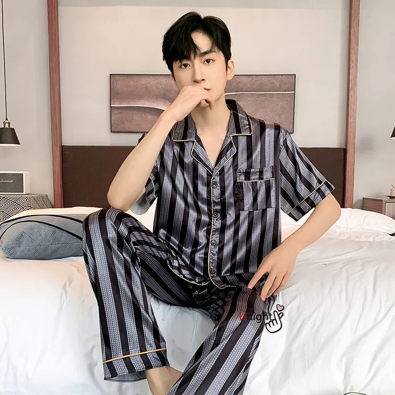 Spring Summer Man Pajama Sets Silk Sleepwear Pajamas for Men Plus Size Home Clothing Pyjamas Suit Home Wear Loungewear Homesuits