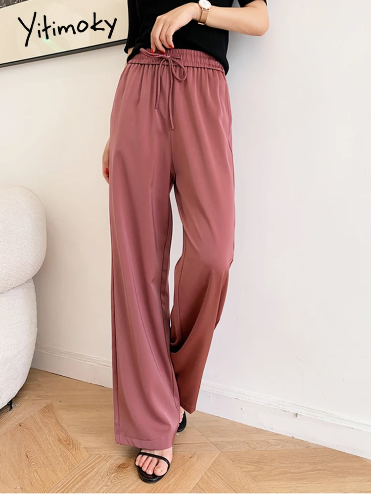 

Yitimoky High Waist 2022 Chiffon Solid Straight Pants Vintage Satin Drawstring Full Length Female Wide Leg Pants Ladies Trousers