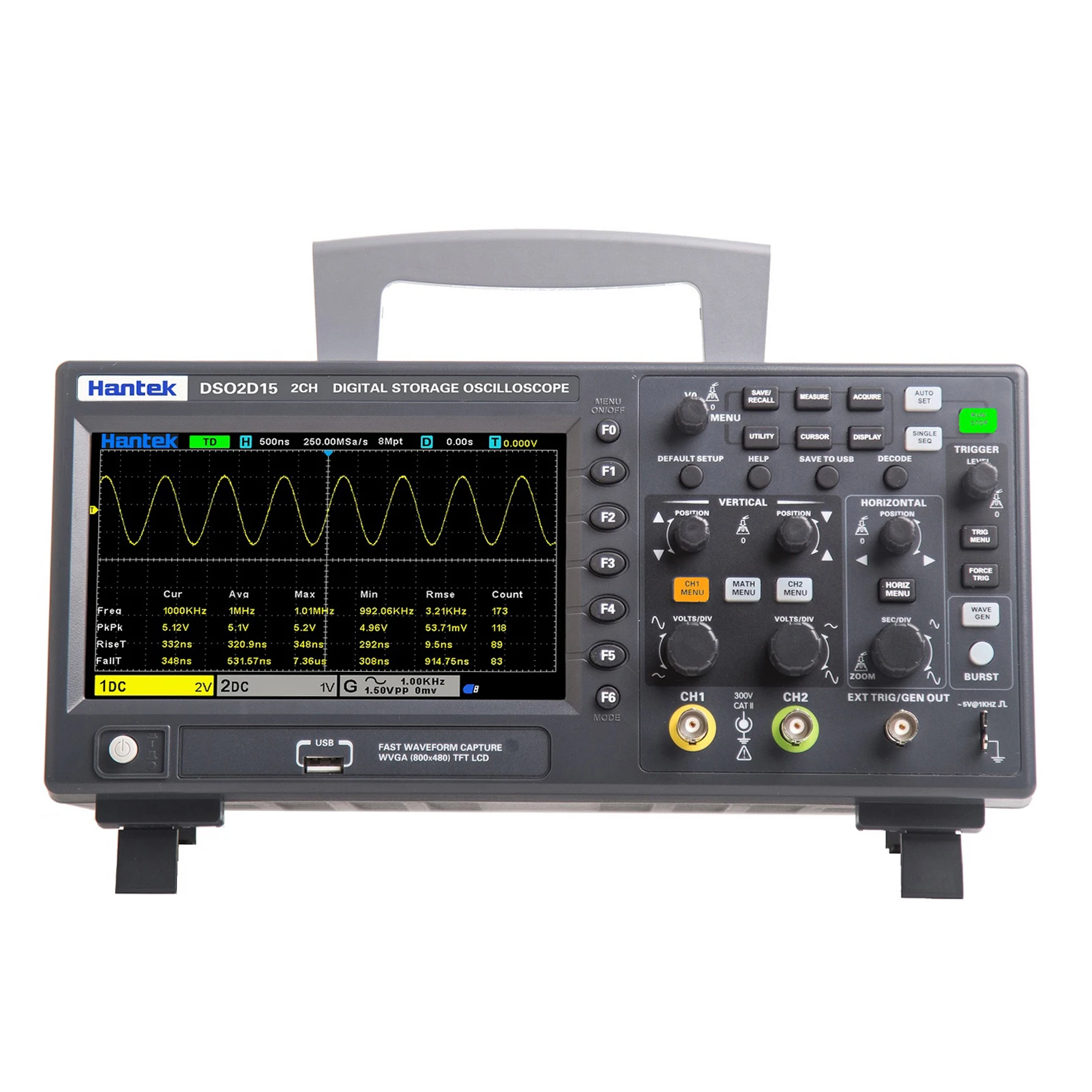 

Hantek DSO2D15 Digital Oscilloscope Meter Desktop Oscillograph Oscillometer 800 * 480 Pixel 7 Inch TFT LCD Screen