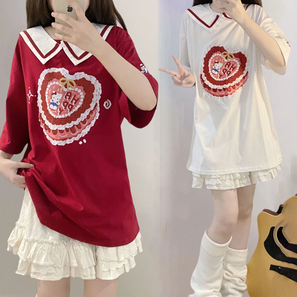 

Sanrios Anime Kawaii Hello Kitty T-Shirt Japanese System Cute Cartoon Summer New Y2K Loose Casual Short-Sleeved Send Fake Collar