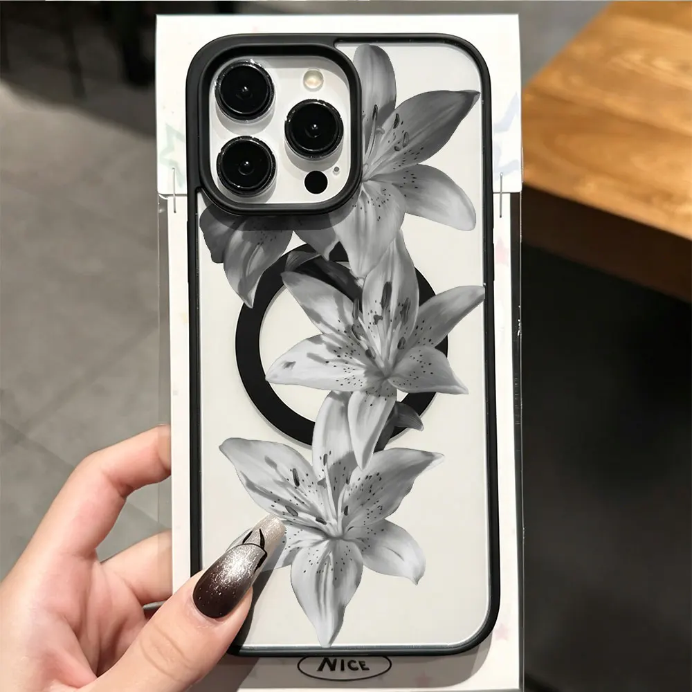 Фото Минималистичный силиконовый акриловый чехол с цветочным узором для iPhone 15, 17, 16 Pro Max, 14, 13, 12, 11, 16, 14, 15 Plus, 17 Air, черный, белый, с лилиями №2