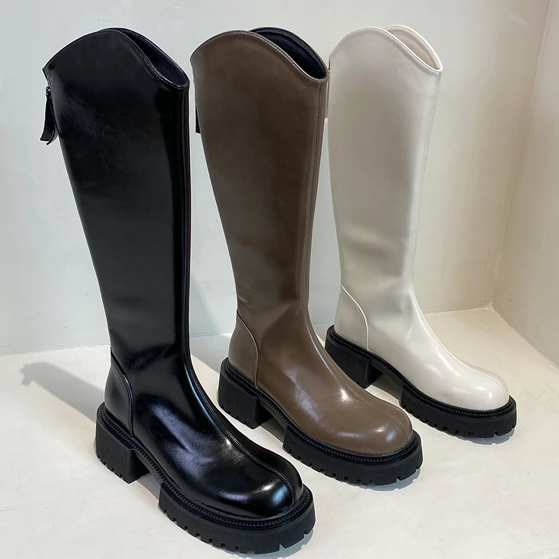 

2022 Fashion Zippers Women Long Boots Round Toe Outdoor Female Casual Thick Soled Shoes Modern Ladies Knee High Chelsea Boots