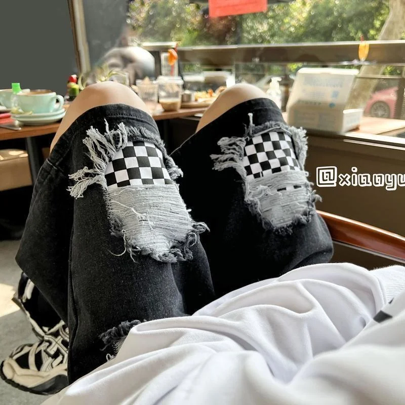 

Шахматные перфорированные джинсовые шорты Мужская мода INS летние тонкие свободные брюки большого и среднего размера s2023 в американском стиле y2k спортивные брюки