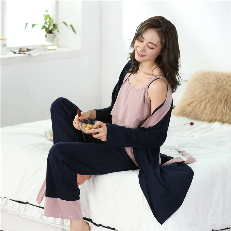 Spring and Autumn Long-sleeved Maternity Clothes Korean Cotton Confinement Clothes Pregnant Women Pajamas Suit Nursing Clothes