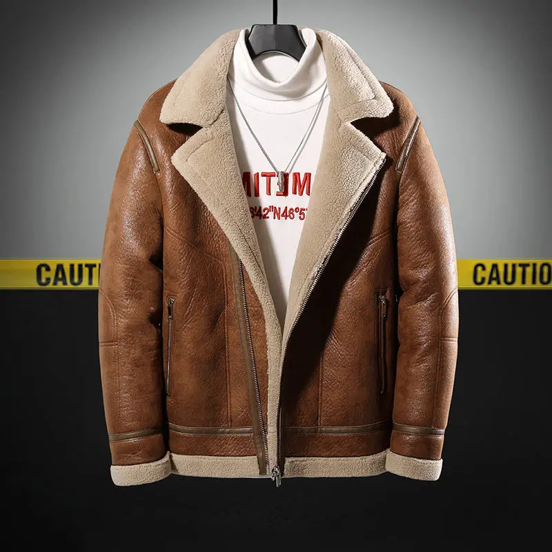 

Faux Lamb Fur Coat Men's Fur Integrated Winter Fleece-Lined Padded Wool Overcoat Brown Warm Leather Jacket Men Clothing 5XL