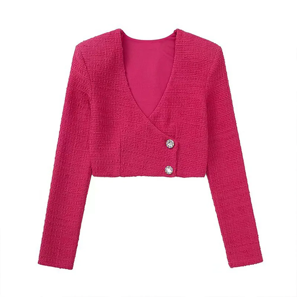 

DiYiG WOMAN 2022 Fashion Jewelry Button Textured Cropped Top Retro Slim V-Neck Long Sleeve Jacket Chic Top Mujer