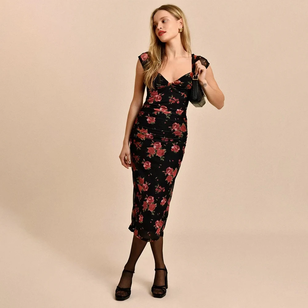 Vintage Rose Flower Print sling dress V-neck Short Sleeve Women Sexy Slim Hip Dress 2023 New