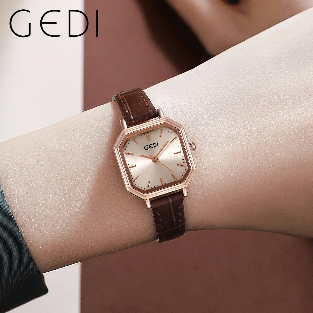 GEDI New Square Women Watch Luxury Business Waterproof Quartz Analog Ladies Watch Leather Strap Fashion Casual Female Wristwatch