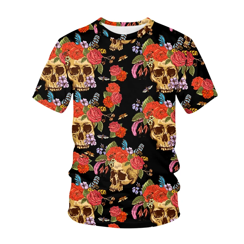 

Cartoon Skull T-Shirt Red Flowers 3d Print Classic T Shirts O-Neck Novelty Tee Shirt Summer Couple Design Tees 4XL 5XL 6XL