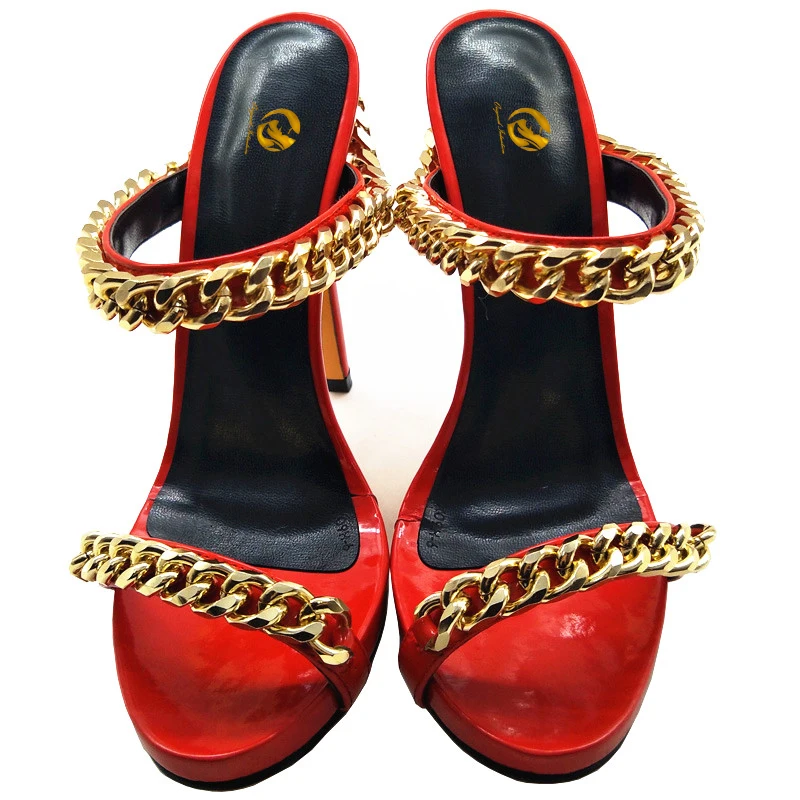 2021 Women's Sandals Fashion Chain Sexy Open Toe Shoes Stiletto Sandals Fashion Beautiful Mature Red Shoes Female Party Shoes