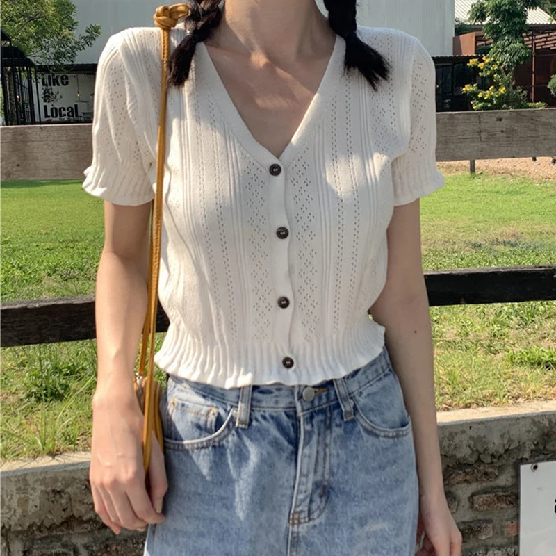 Summer Retro V-Neck Crop Tops Women 2022 Hollow Thin Knitted T-Shirt Cardigan Female Ins White Black Clothing Camisetas De Mujer