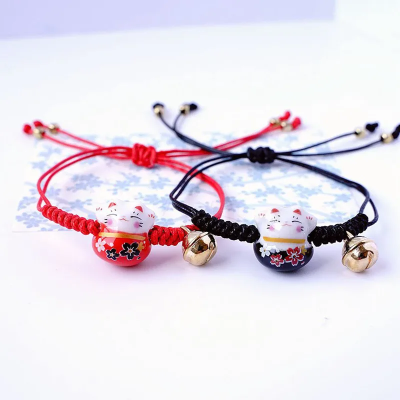 Handmade Cute Ceramic Lucky Cat Charm Beaded Bracelet Fortune Wish Men Women Red String Bracelet Fashion Jewelry