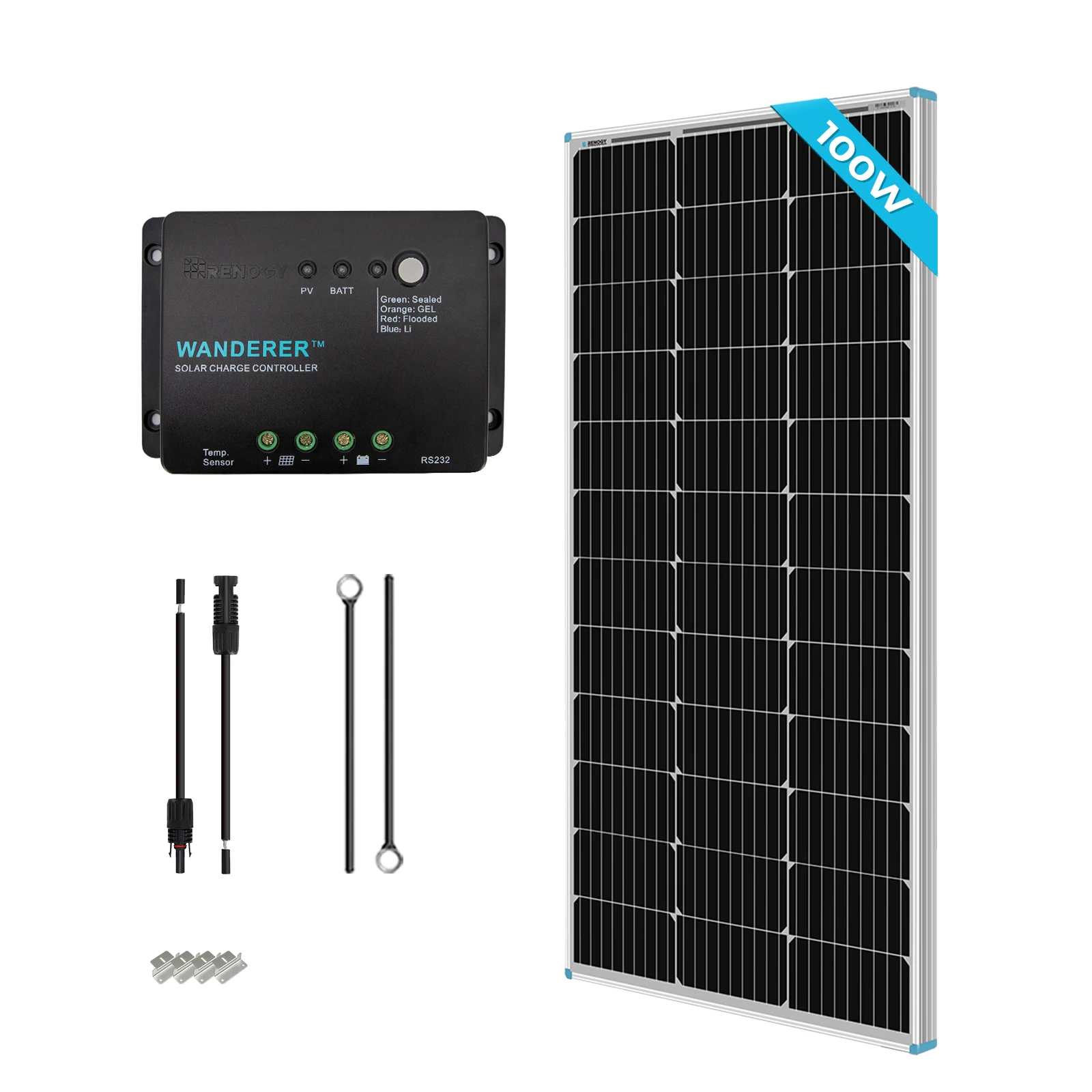 

Renogy 100 Watt 12 Volt Solar Panel + 30A PWM Charge Controller + Adaptor Kit + Tray Cables + Mounting Z Brackets for RV Boats