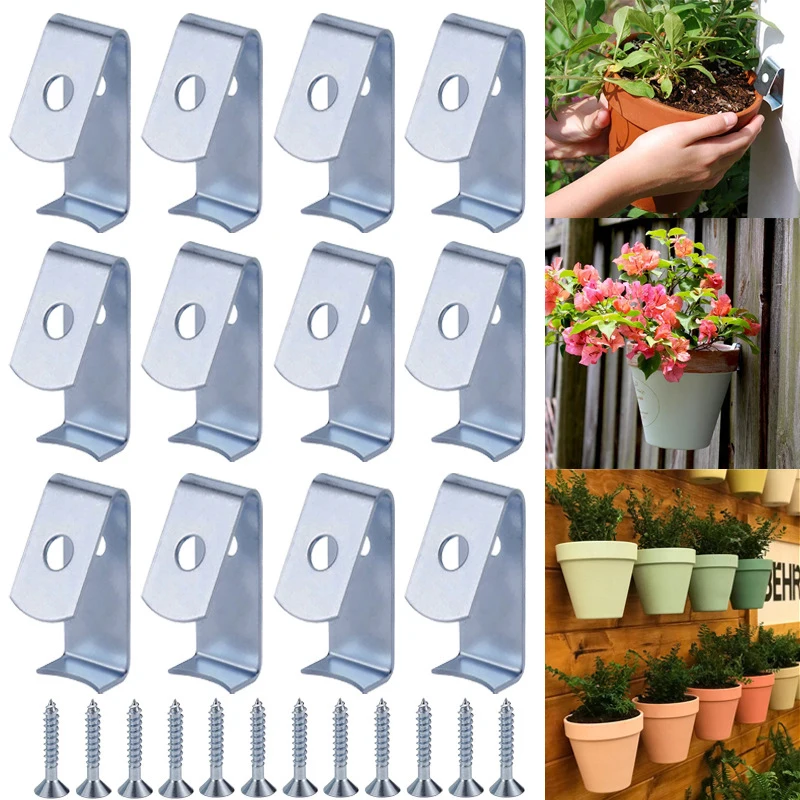 

12pcs Wall Mount Flower Pot Holder Clip With Screw Plant Pot Hanging Hooks Clay Pot Hangers For Home Fences Patio Garden Balcony