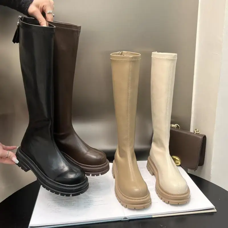 

Женские ботинки челси на молнии с круглым носком, новинка 2022, зимние модные ботинки на платформе и квадратном каблуке, мотоциклетные ботинк...