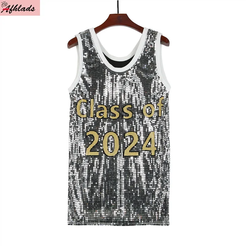 

Runway Summer Sleeveless Letter Print Sequin Straight Loose Sexy Nightclub Fashion Tops New Round Neck Streetwear Women's Wear