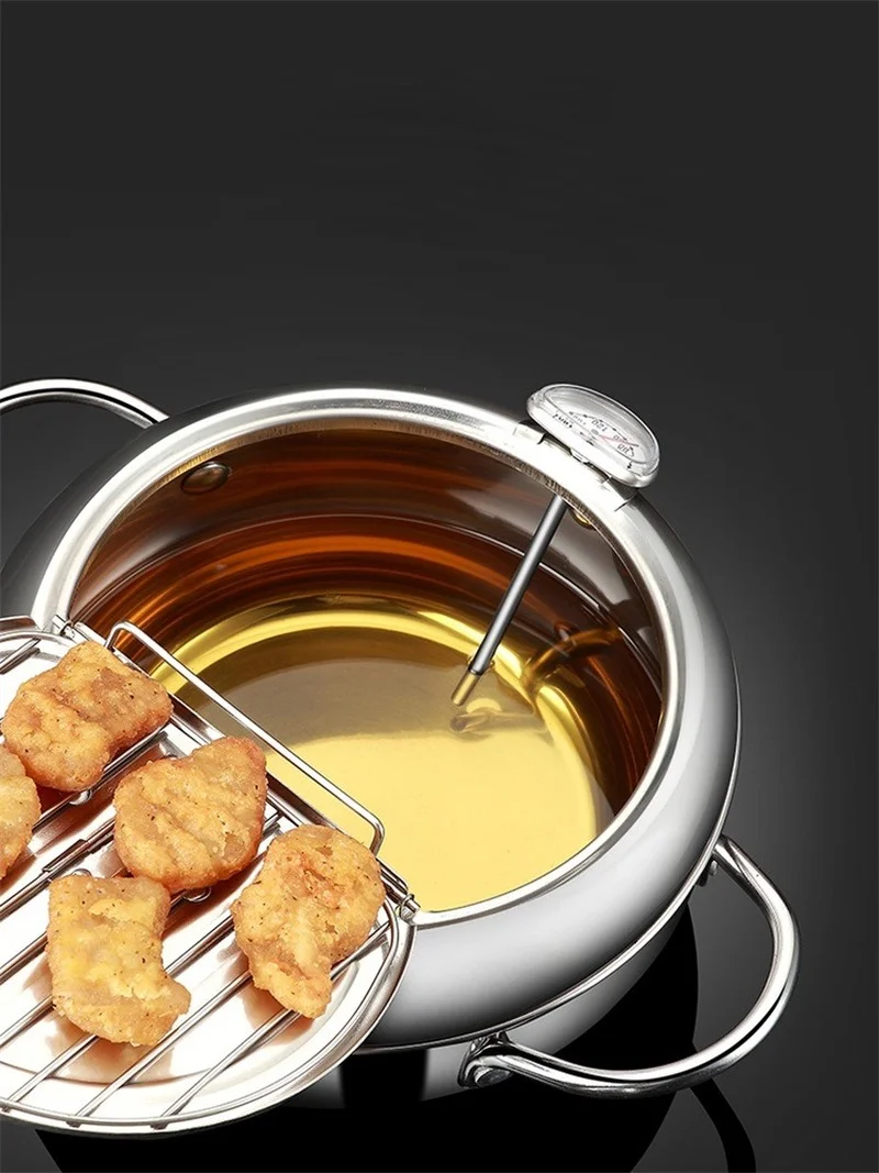 Japanese Deep Frying Pot With a Thermometer And Lid 304 Stainless Steel Kitchen Fried Fries ChickenTempura Fryer Pan 20 24 cm | Дом и сад