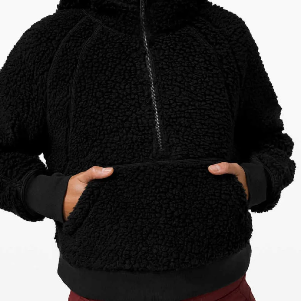 LuluWomen Velvet Hoodies Jacket Autumn Winter Scuba Half Zipper Sweatshirt Lamb Wool Thick Thermal Outdoor Sports Yoga Bodysuit