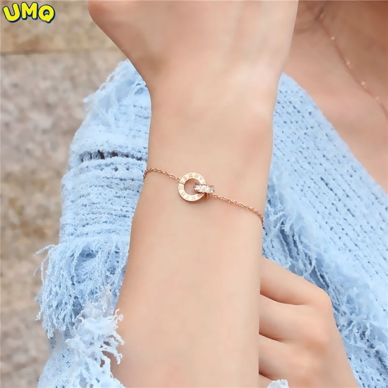 

Korean Version 18k Rose Gold Plated Roman Letter Double Ring Bracelet Women's Titanium Steel Diamond Inlaid Personalized