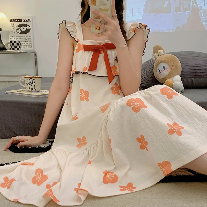 

Korean Summer Women Nightdress Pajama Girl Cute Sweet Nightgown Flower Pattern Sleeveless Sleepwear Cotton Pijamas