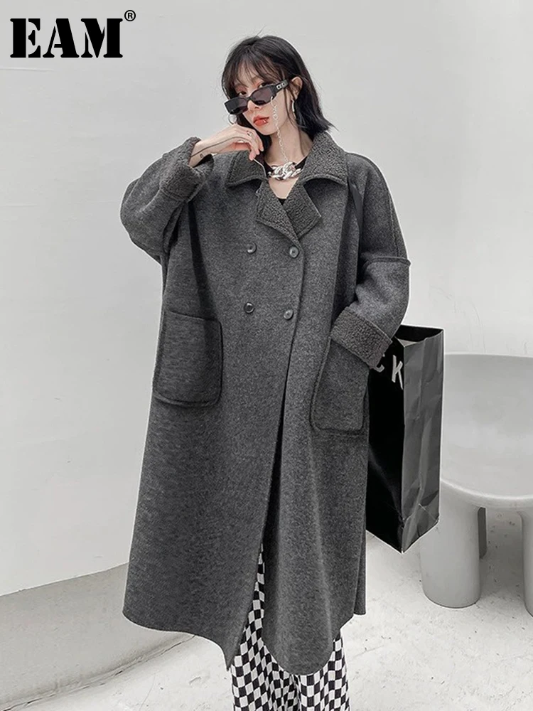 

[EAM] Loose Fit Gray Thick Big Size Long Warm Woolen Coat Parkas New Long Sleeve Women Fashion Tide Autumn Winter 2022 1DF2401