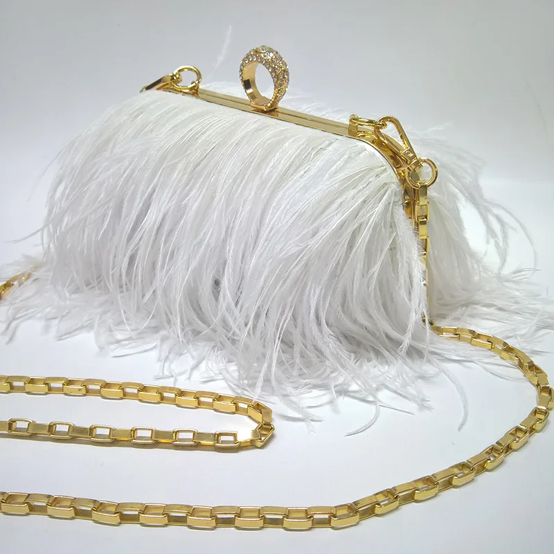 

Ostrich Fur Evening Bags Party Wedding Luxury Hand Made Bag Black Plush Long Hair Feather Cosmetic Case Phone Handbag