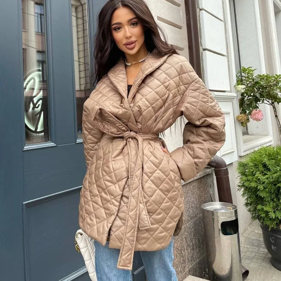 Winter Clothes Ins Slim Fitting Parkas Bandage Long Sleeve Plaid Long Personalized Cotton Coat Women's Winter Top Ry*