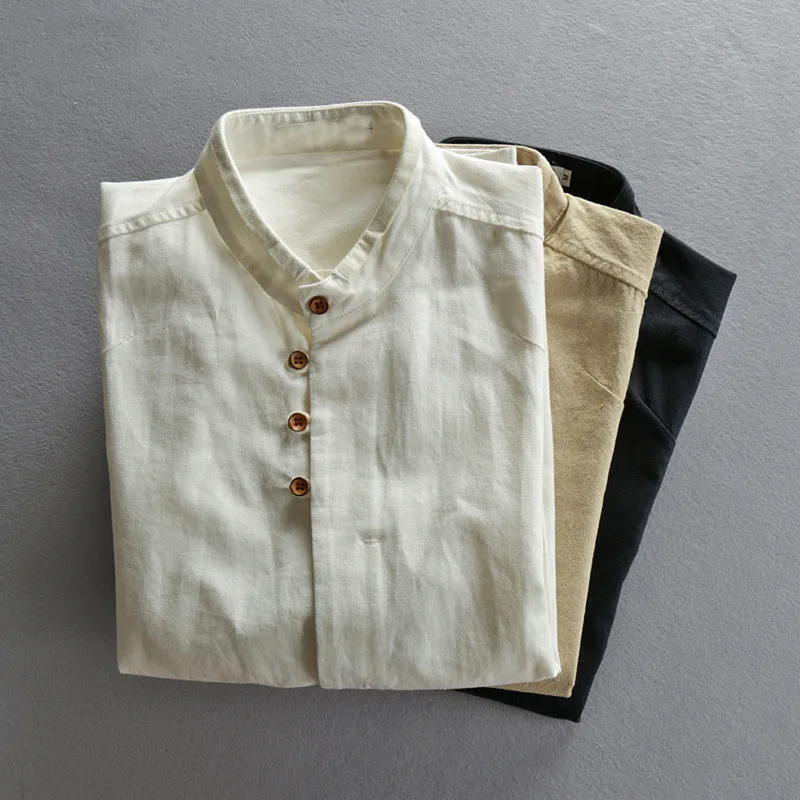 

Men's Cotton Linen Shirts Long Sleeve Solid Color Casual Soft Chinese Style Stand Collar Shirt Male Loose Shirt 7XL
